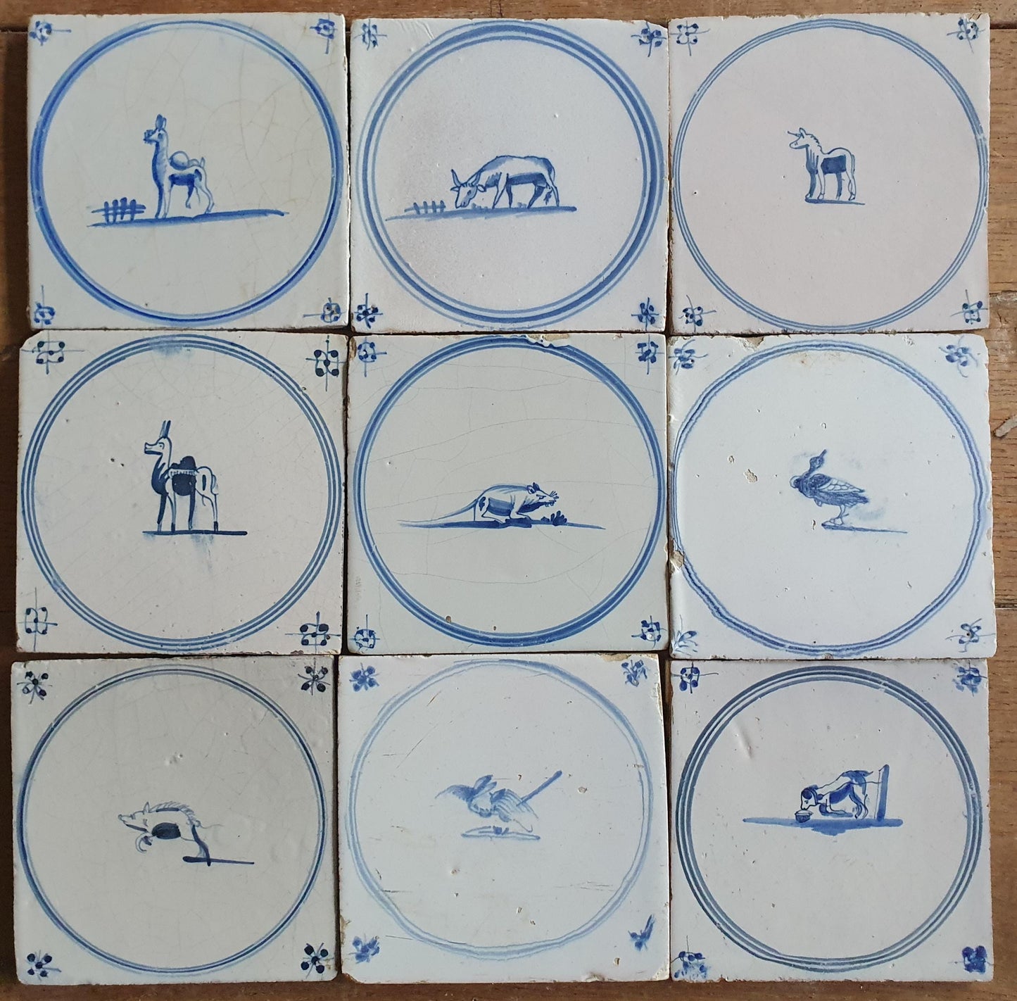 Antique Delft Tiles, 18th Century Dutch Animal Motifs, Set of 9 circle springer