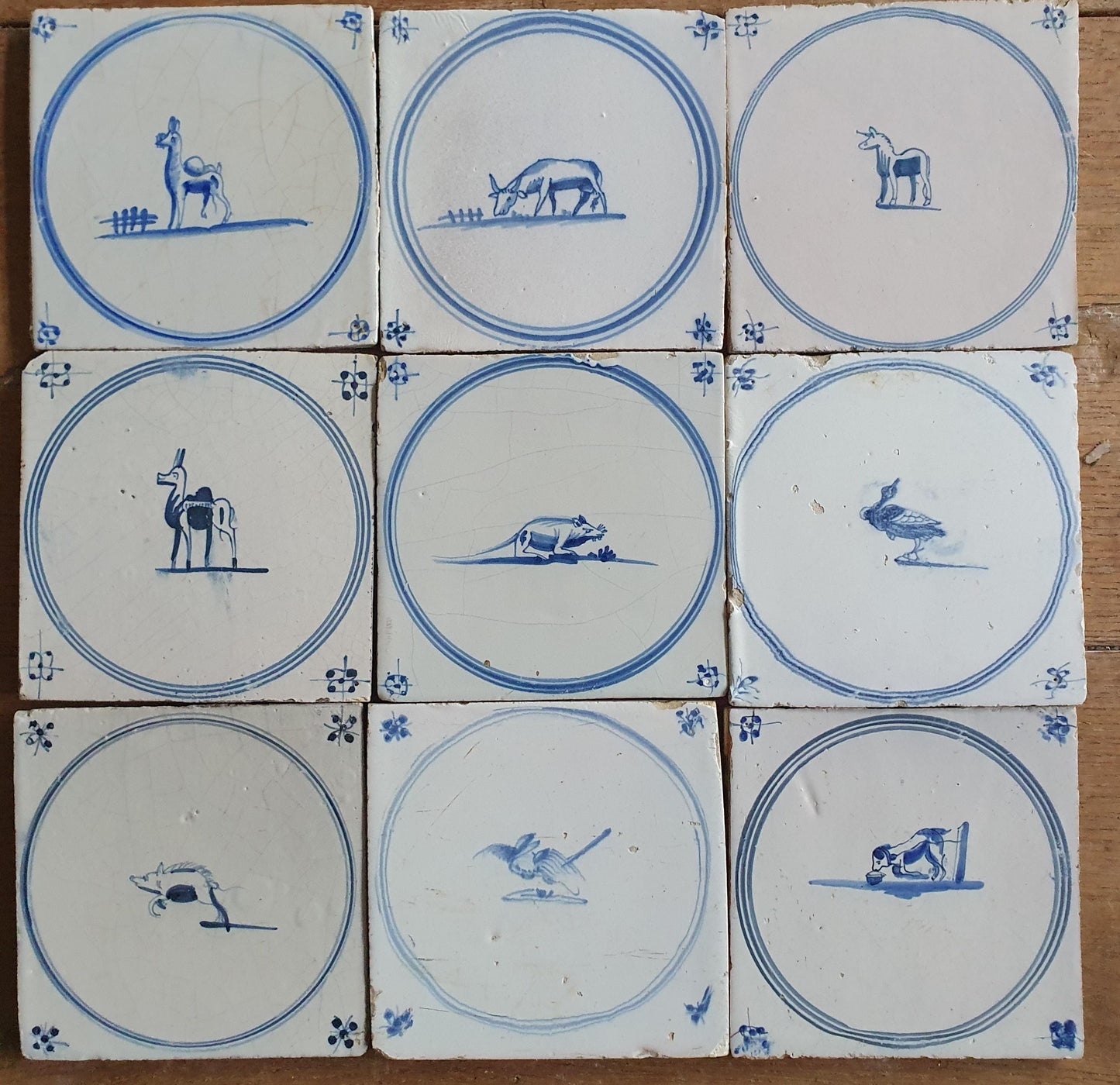 Antique Delft Tiles, 18th Century Dutch Animal Motifs, Set of 9 circle springer