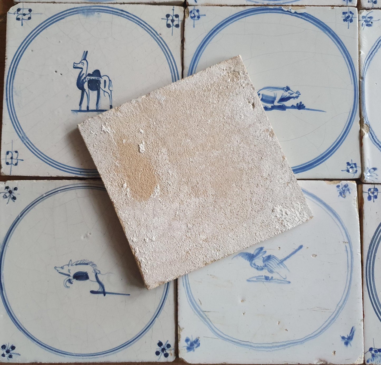 Antique Delft Tiles, 18th Century Dutch Animal Motifs, Set of 9 circle springer