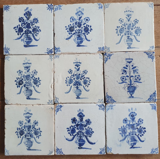 Antique Delft Tulip Flowerpot, 17th Century Dutch Wall Decor, tilepanel Set of 9