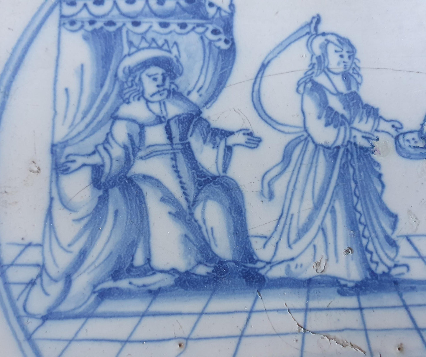 Antique Delft Blue Tile, Biblical Scene, Oxhead Corner Motif, 1760