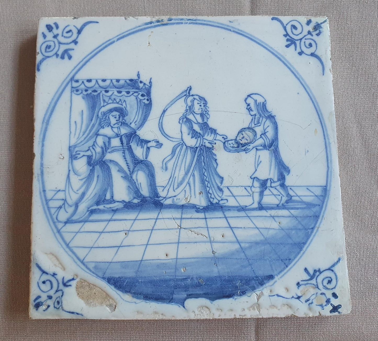Antique Delft Blue Tile, Biblical Scene, Oxhead Corner Motif, 1760