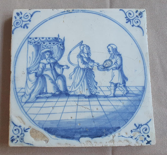 Antique Delft Blue Tile, Biblical Scene, Oxhead Corner Motif, 1760