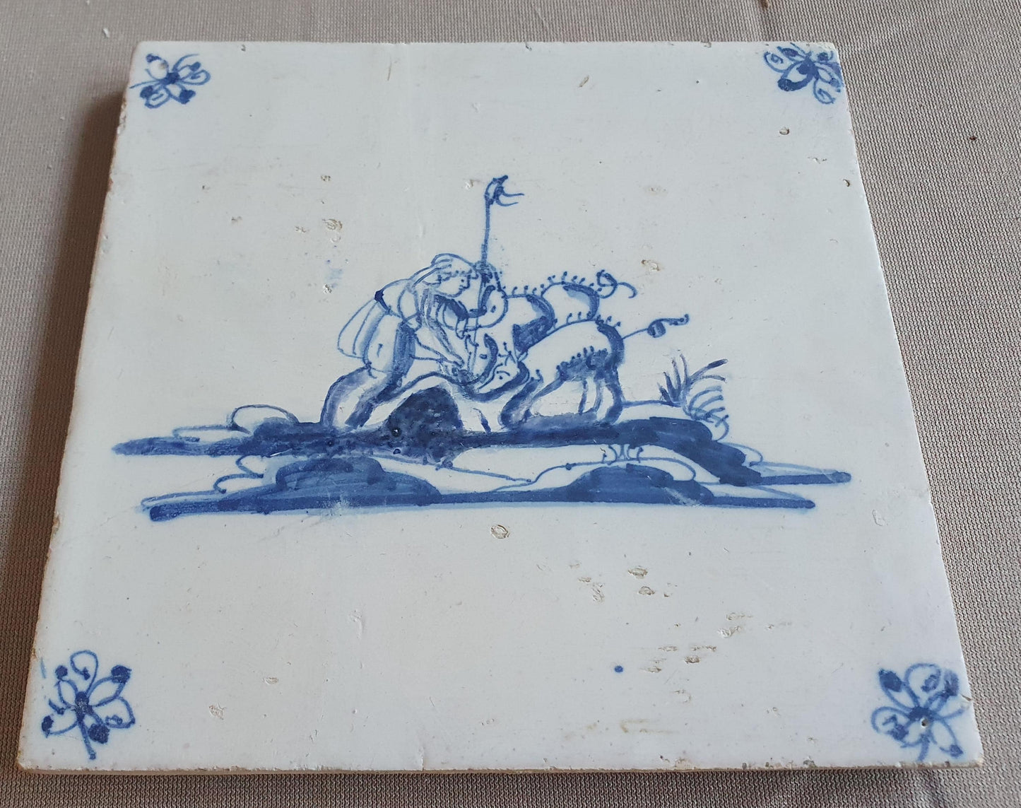 Antique Delft Blue Tile, Biblical Scene, Oxhead Corner Motif, 1720