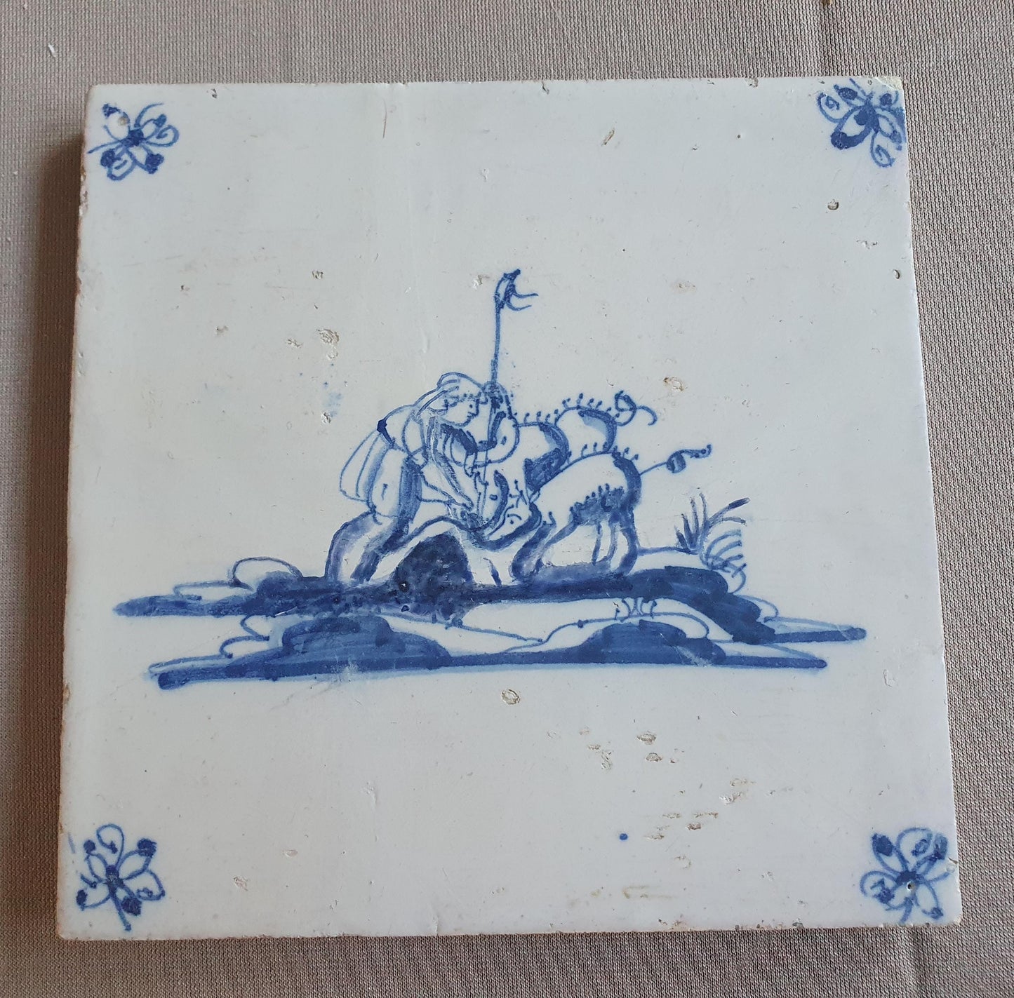 Antique Delft Blue Tile, Biblical Scene, Oxhead Corner Motif, 1720