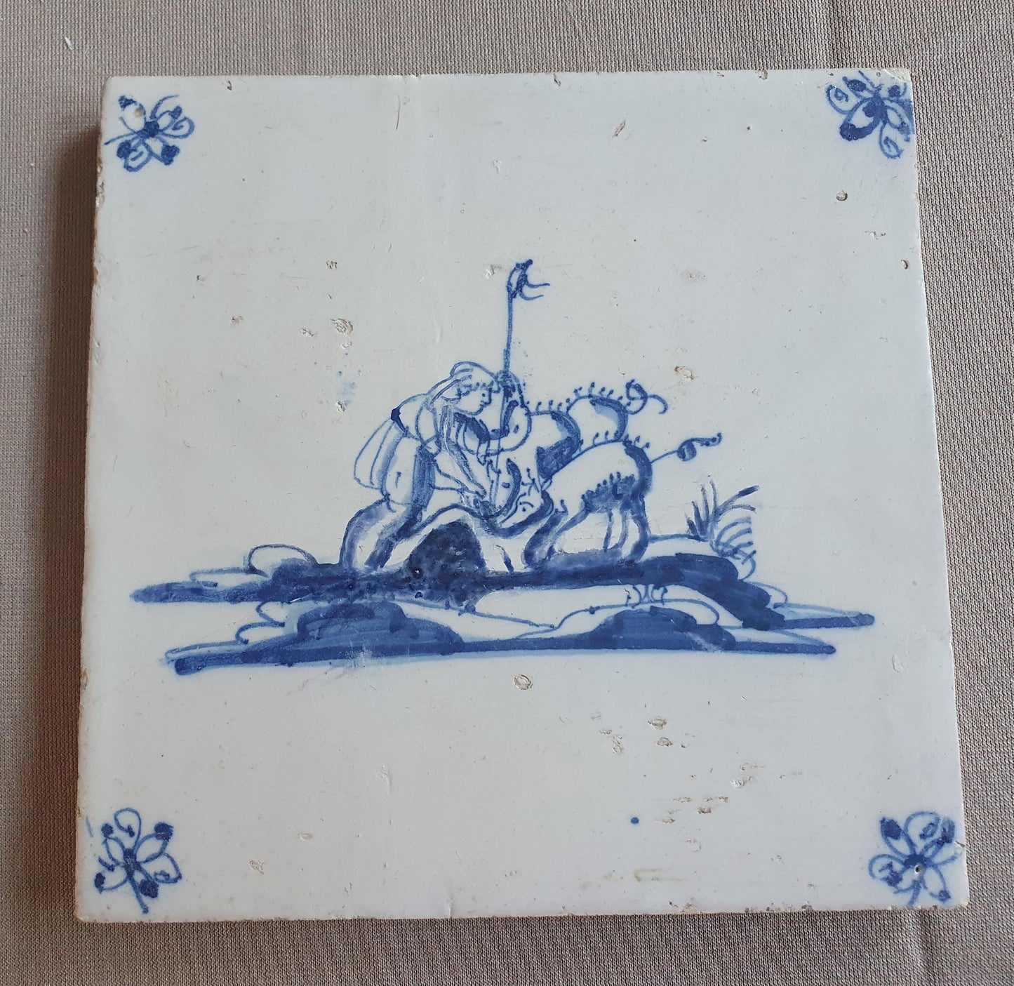 Antique Delft Blue Tile, Biblical Scene, Oxhead Corner Motif, 1720