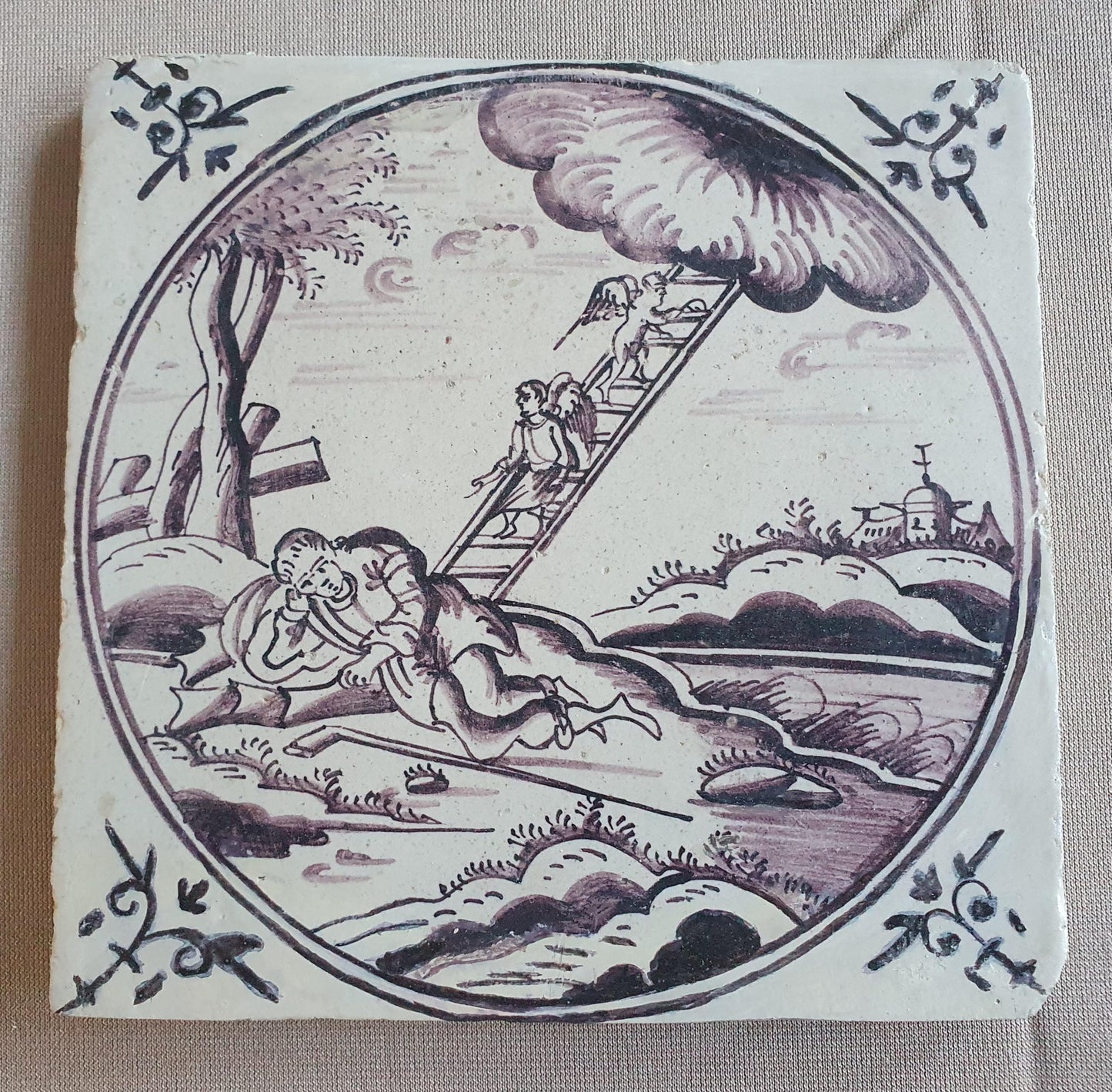 Antique Delft mangaan tile, Biblical Scene, Oxhead Corner Motif, 18th