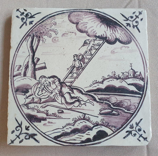 Antique Delft mangaan tile, Biblical Scene, Oxhead Corner Motif, 18th