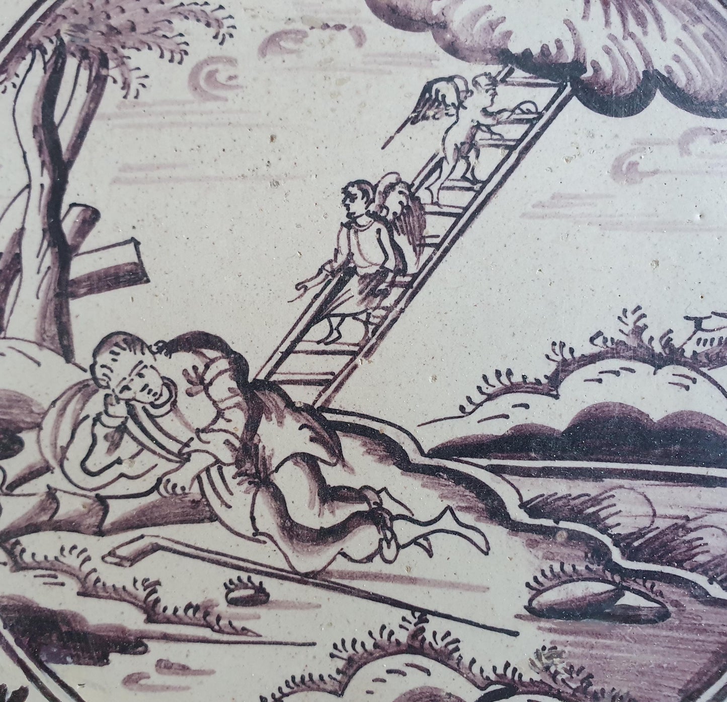 Antique Delft mangaan tile, Biblical Scene, Oxhead Corner Motif, 18th