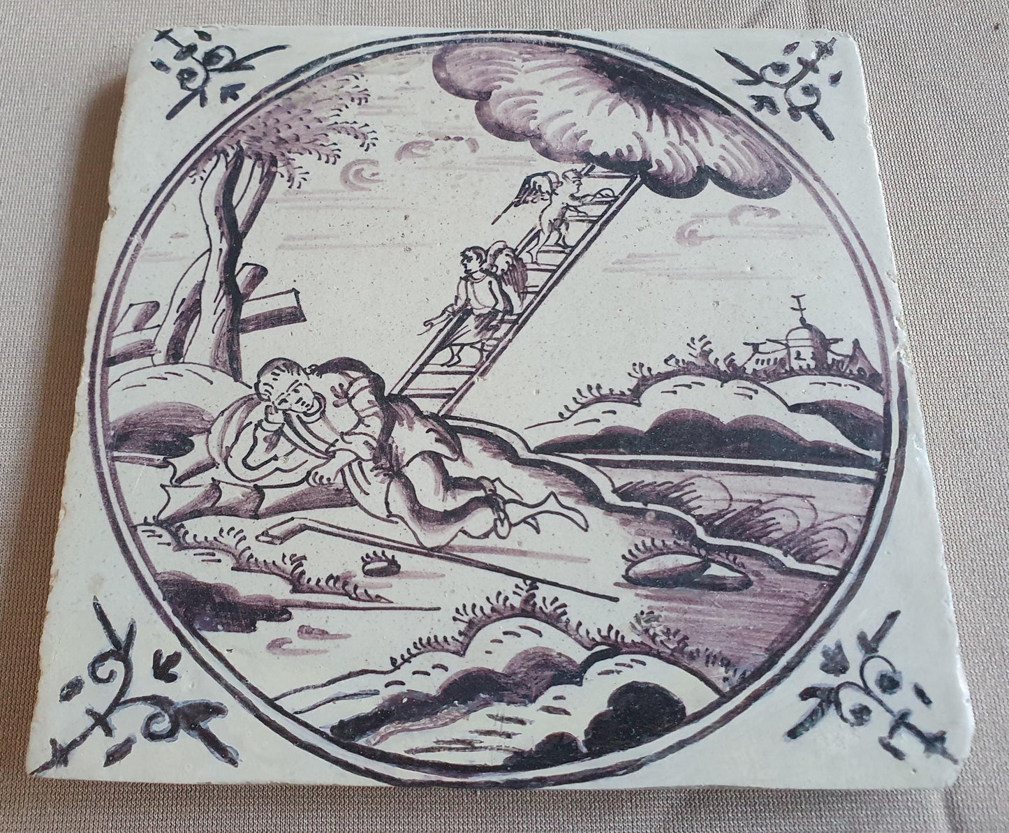 Antique Delft mangaan tile, Biblical Scene, Oxhead Corner Motif, 18th