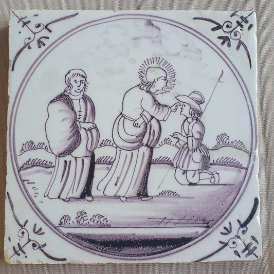 Antique Delft mangaan tile, Biblical Scene, Oxhead Corner Motif, 18th