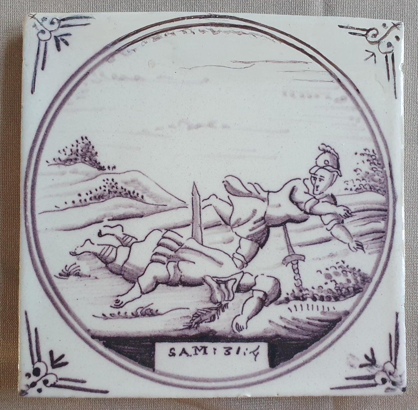 Antique Delft mangaan tile, Biblical Scene, Oxhead Corner Motif, 19th