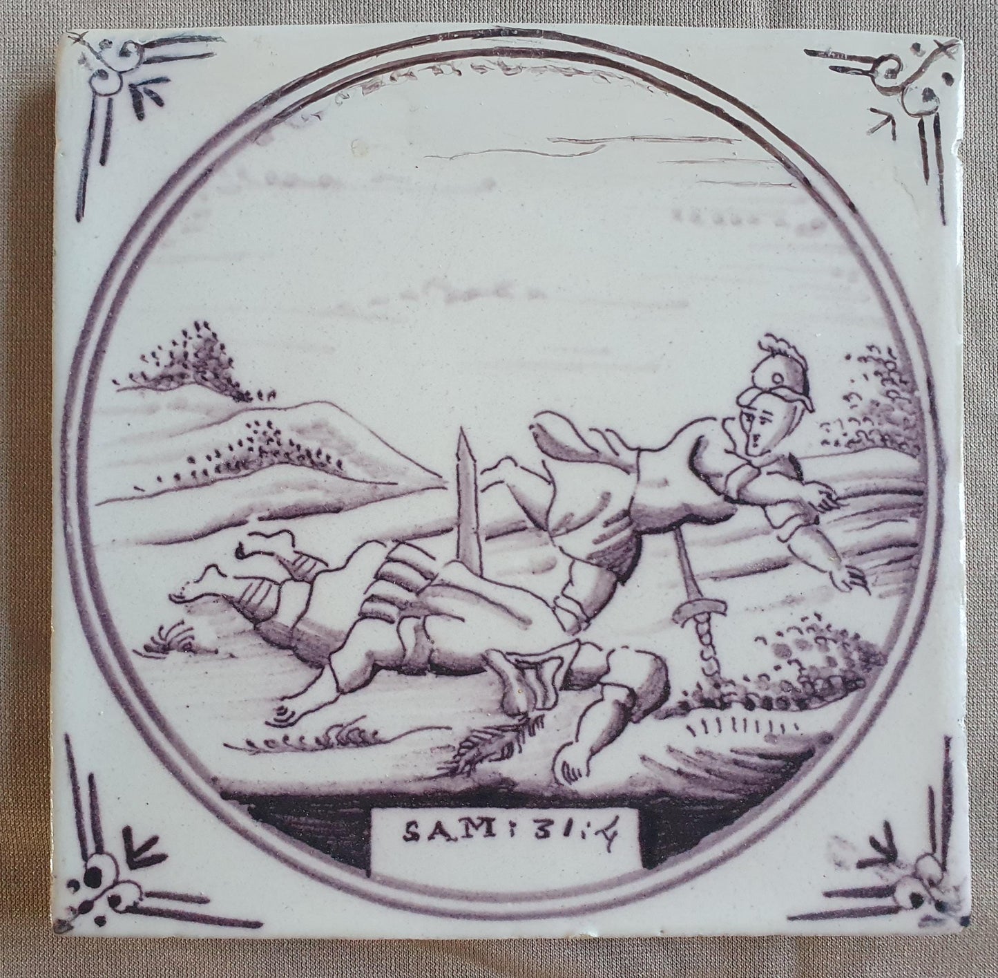 Antique Delft mangaan tile, Biblical Scene, Oxhead Corner Motif, 19th