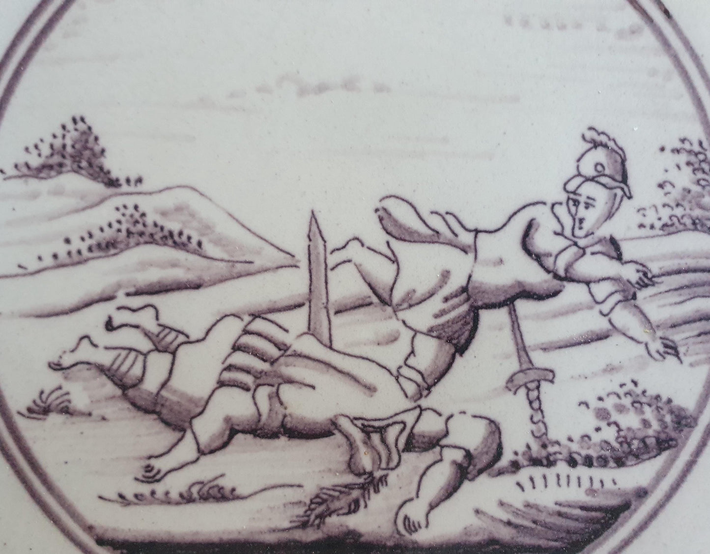 Antique Delft mangaan tile, Biblical Scene, Oxhead Corner Motif, 19th