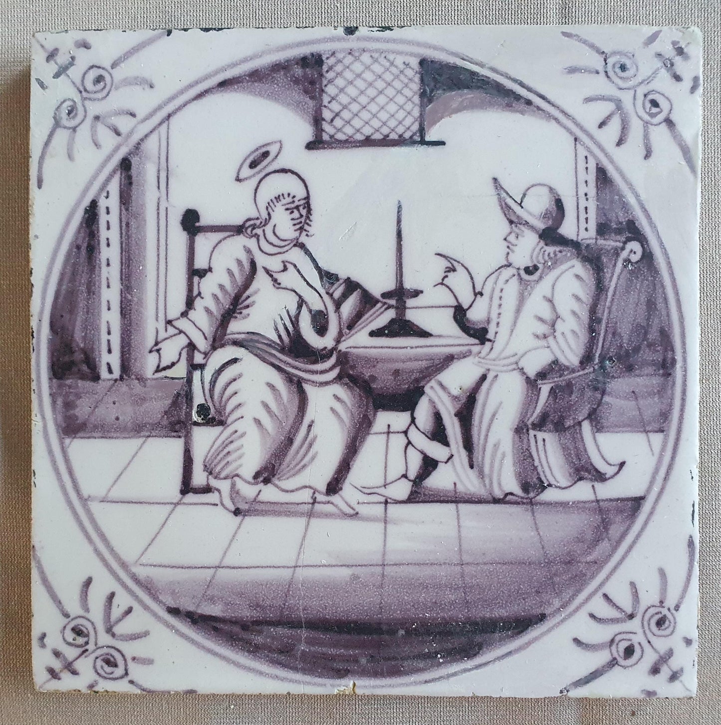 Antique Delft mangaan tile, Biblical Scene, Oxhead Corner Motif, 18th
