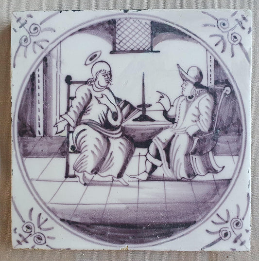 Antique Delft mangaan tile, Biblical Scene, Oxhead Corner Motif, 18th