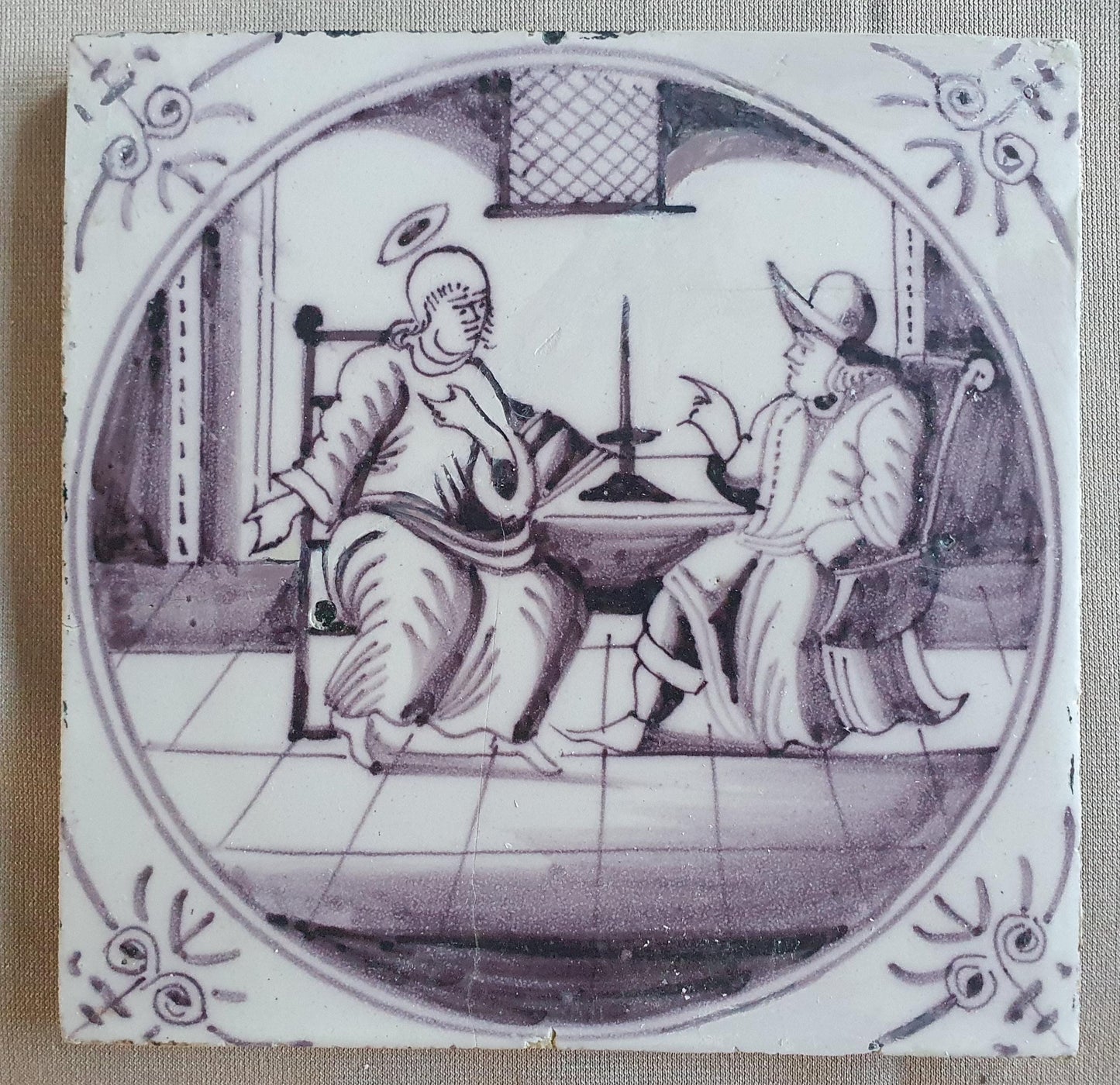 Antique Delft mangaan tile, Biblical Scene, Oxhead Corner Motif, 18th