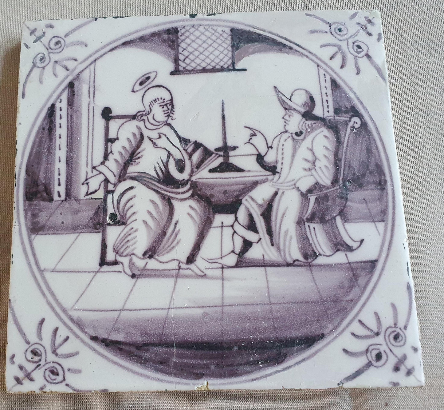 Antique Delft mangaan tile, Biblical Scene, Oxhead Corner Motif, 18th