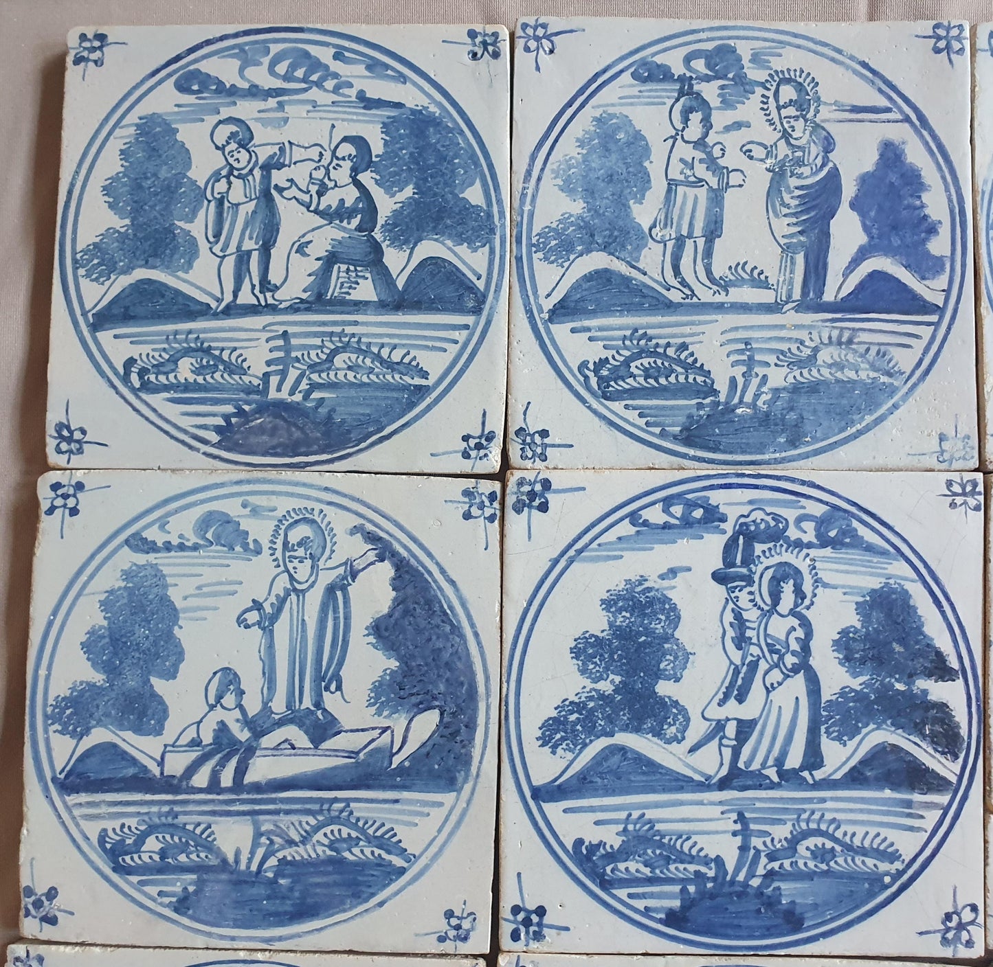 Antique Delft Blue Tile Set, Biblical Scene, 18th Century  set of 9