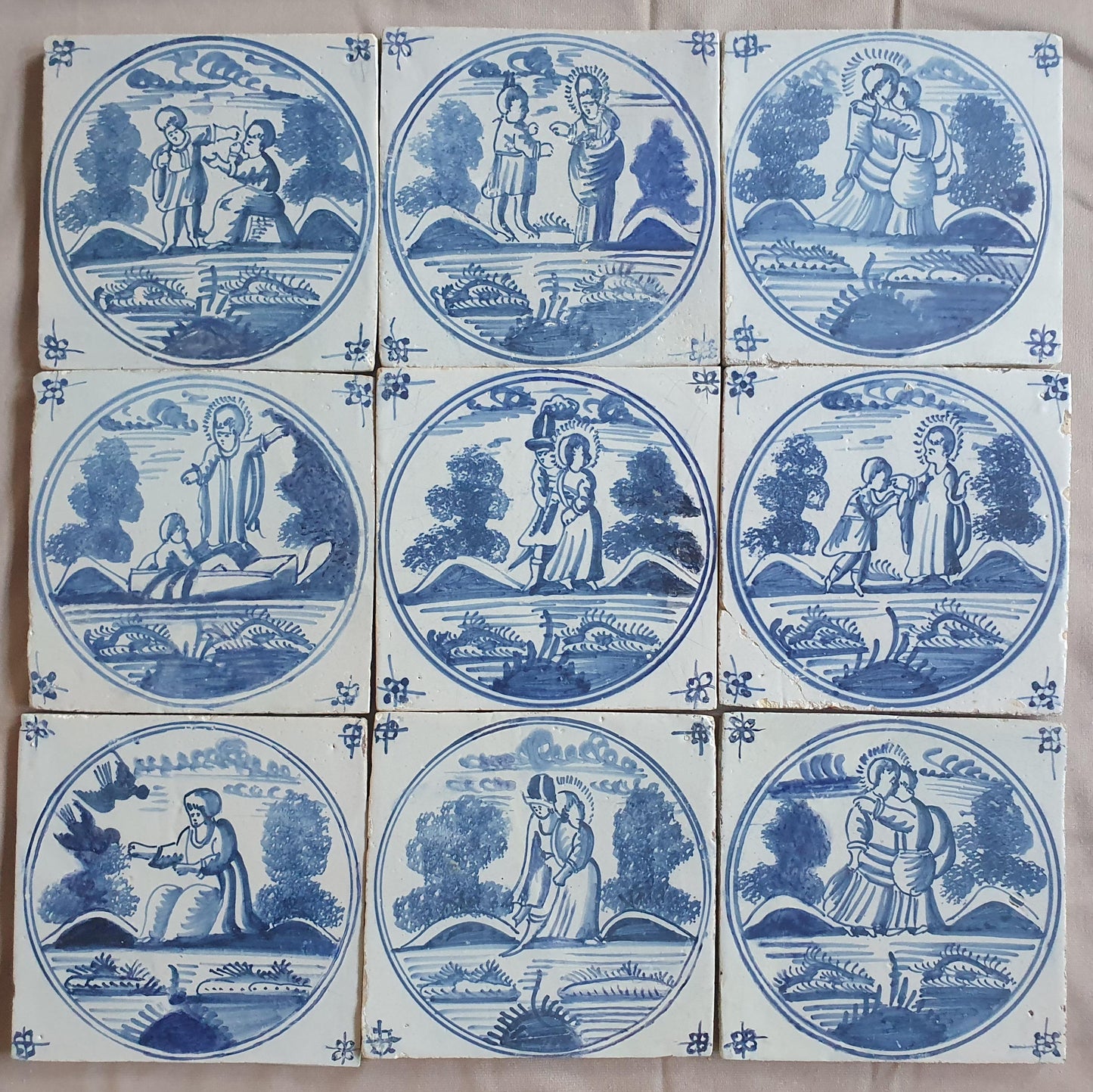 Antique Delft Blue Tile Set, Biblical Scene, 18th Century  set of 9