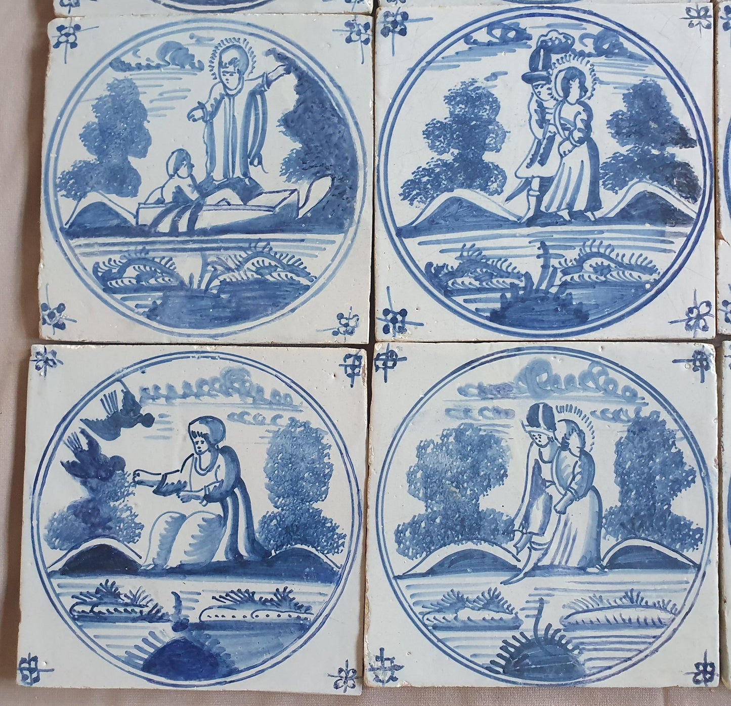 Antique Delft Blue Tile Set, Biblical Scene, 18th Century  set of 9