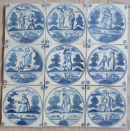 Antique Delft Blue Tile Set, Biblical Scene, 18th Century  set of 9