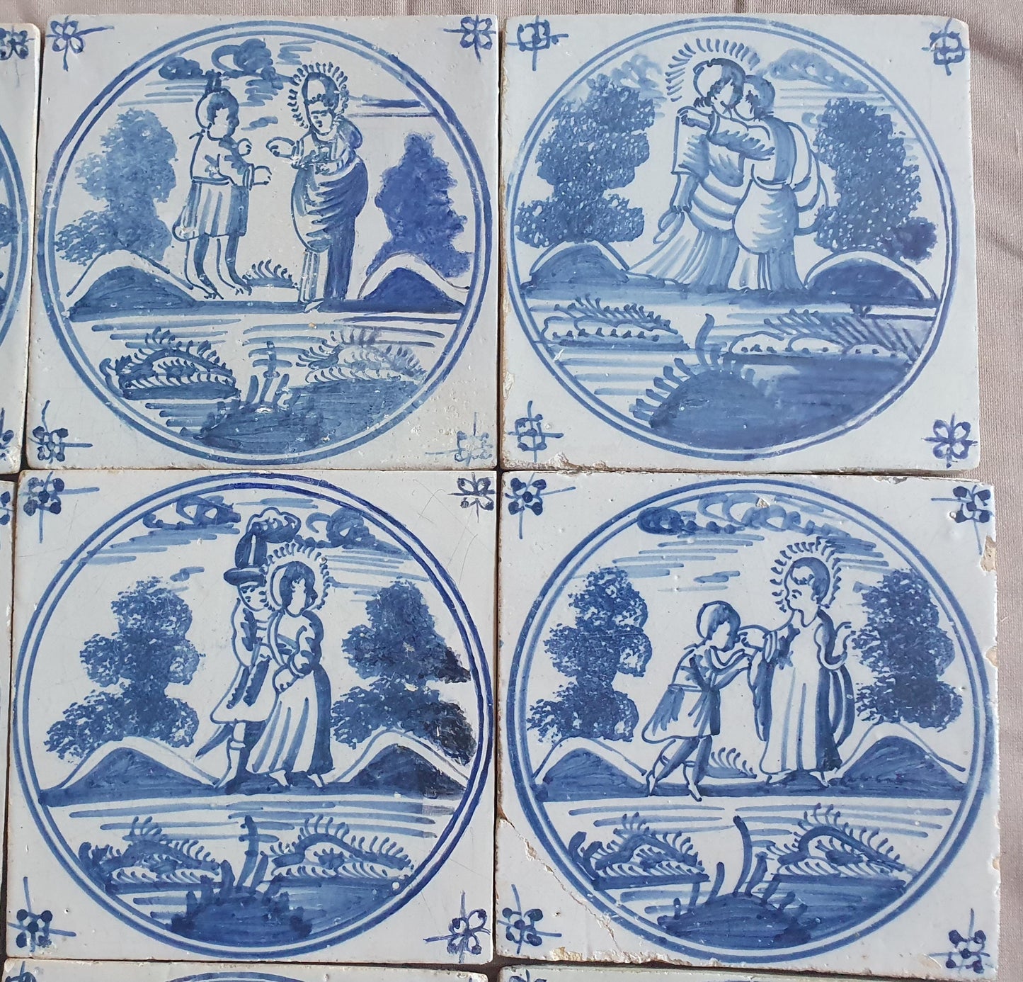 Antique Delft Blue Tile Set, Biblical Scene, 18th Century  set of 9