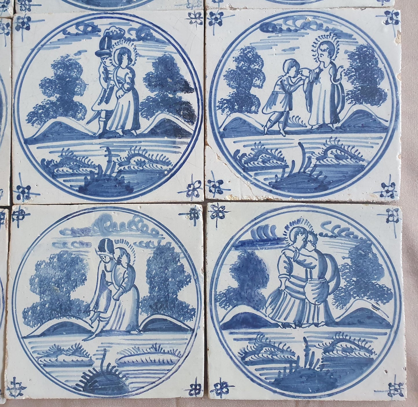 Antique Delft Blue Tile Set, Biblical Scene, 18th Century  set of 9