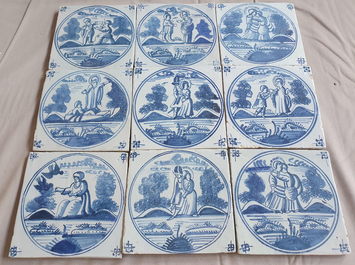 Antique Delft Blue Tile Set, Biblical Scene, 18th Century  set of 9
