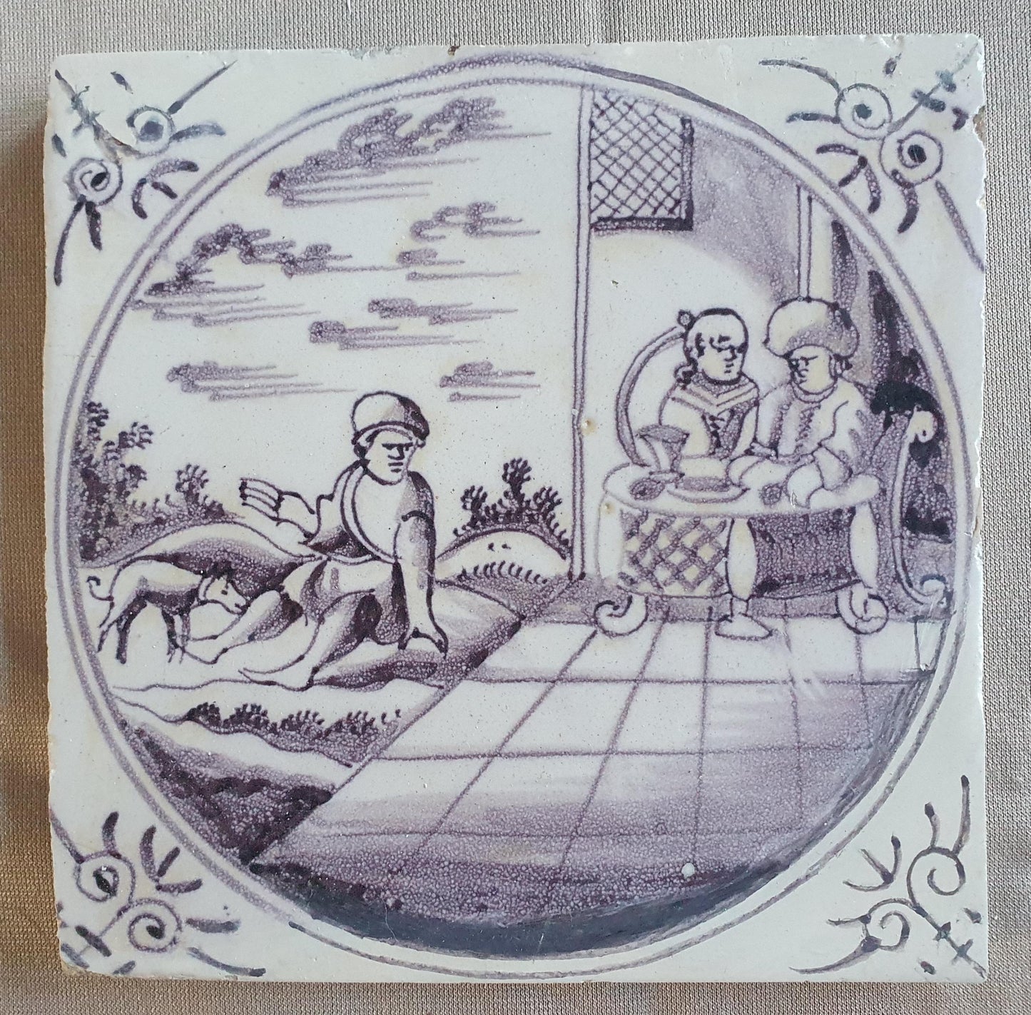 Antique Delft mangaan tile, Biblical Scene, Oxhead Corner Motif, 18th
