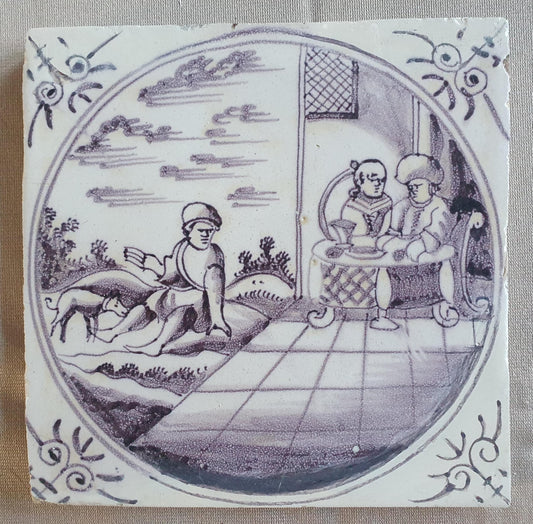 Antique Delft mangaan tile, Biblical Scene, Oxhead Corner Motif, 18th