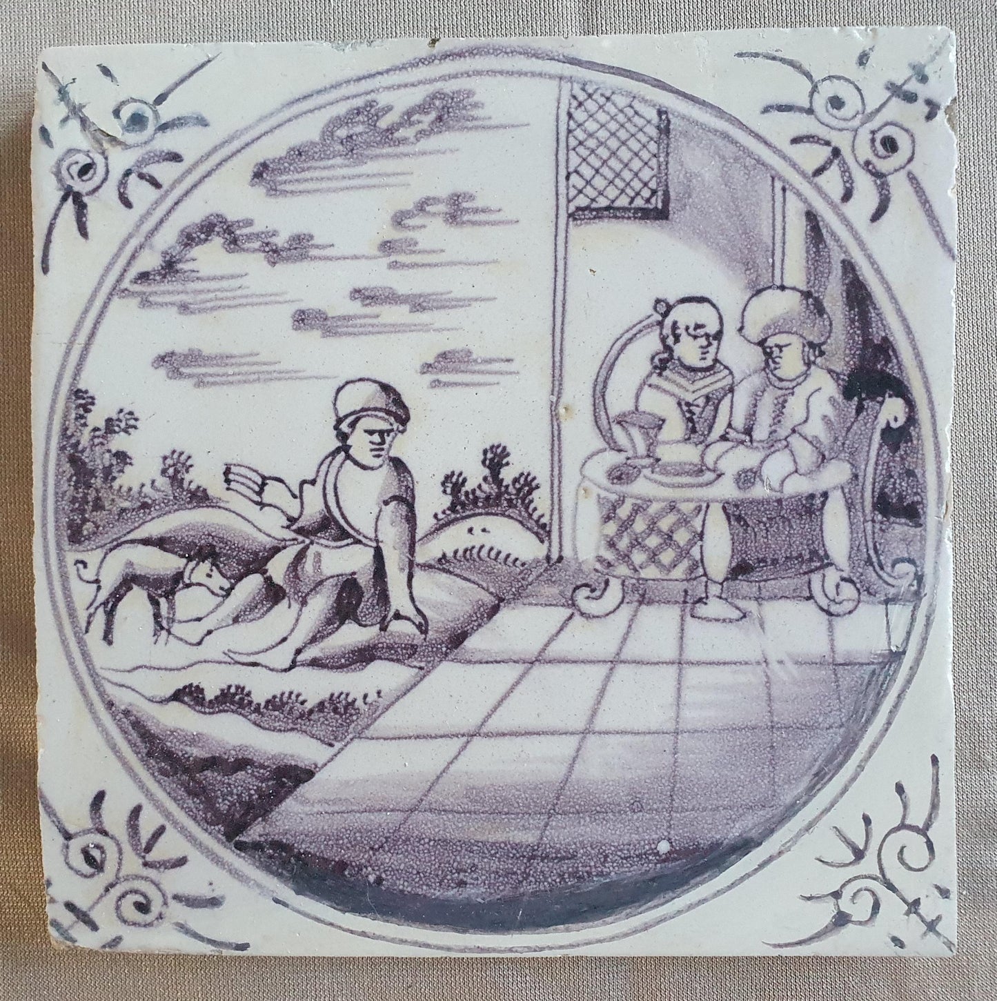 Antique Delft mangaan tile, Biblical Scene, Oxhead Corner Motif, 18th