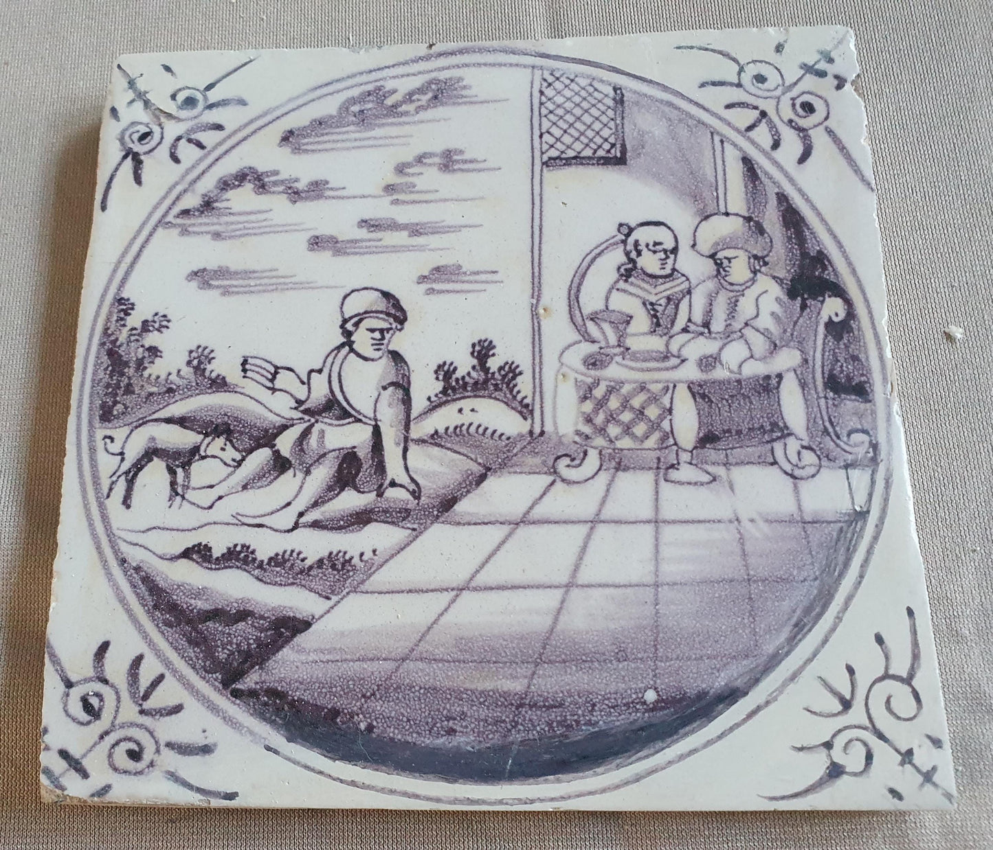 Antique Delft mangaan tile, Biblical Scene, Oxhead Corner Motif, 18th