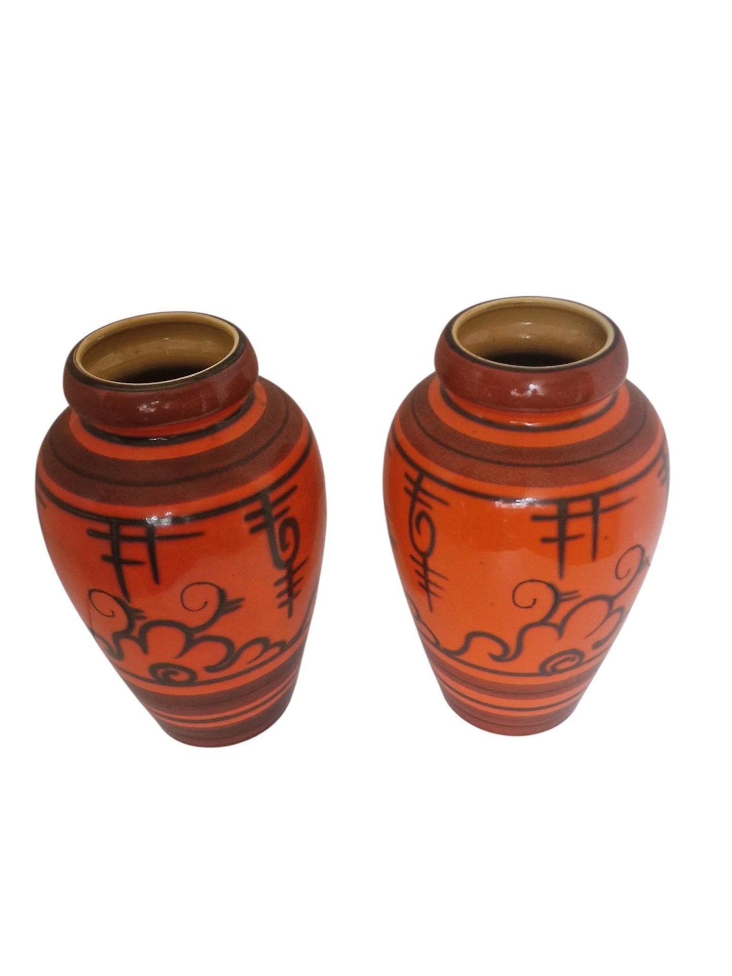 Set XL baluster Vases, Dutch pottery handpainted orange vases, Flora Tokio Gouda, 30 cm
