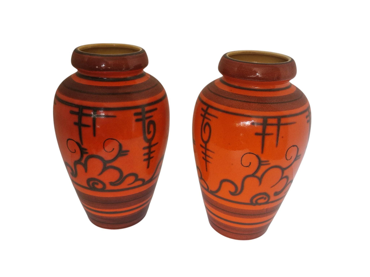 Set XL baluster Vases, Dutch pottery handpainted orange vases, Flora Tokio Gouda, 30 cm