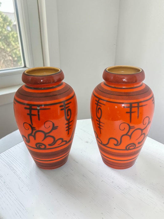 Set XL baluster Vases, Dutch pottery handpainted orange vases, Flora Tokio Gouda, 30 cm