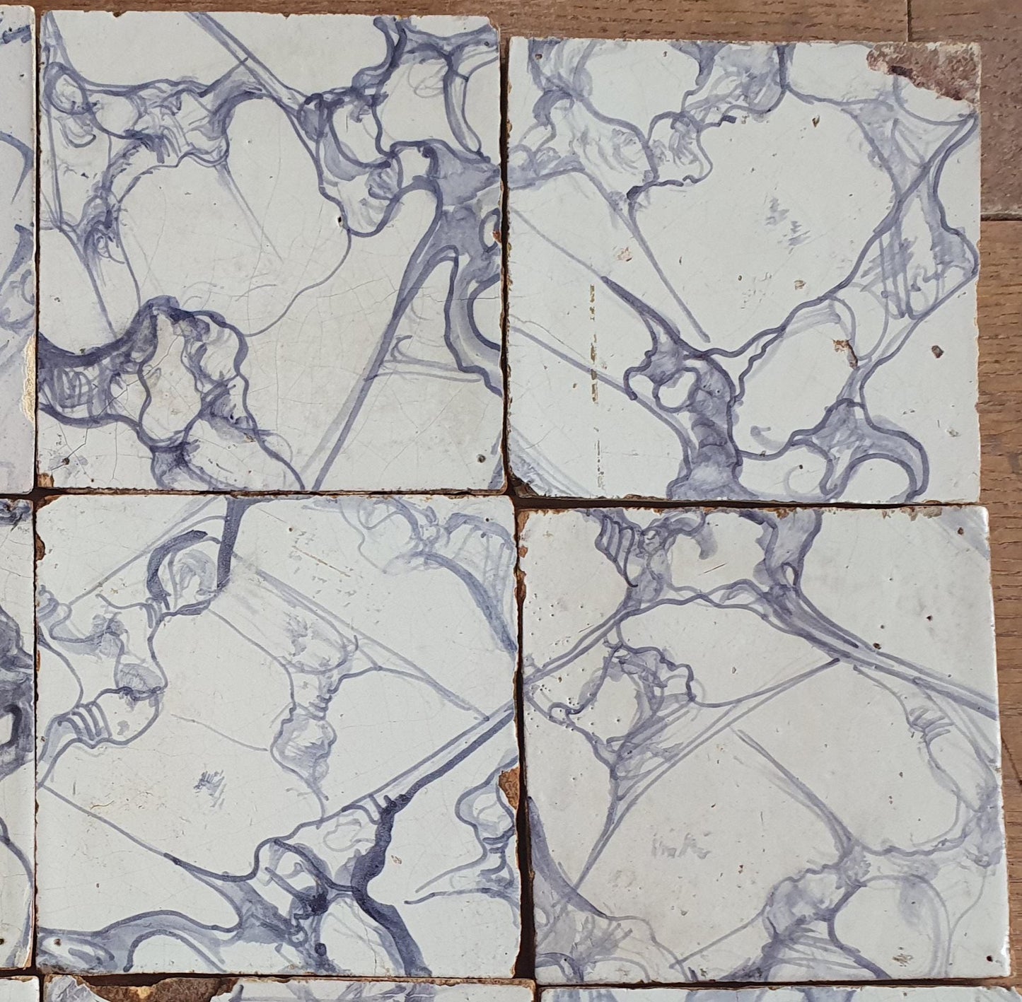 Antique Delft Tiles, Marbled White, Dutch Wall Tile Set, 19th Century