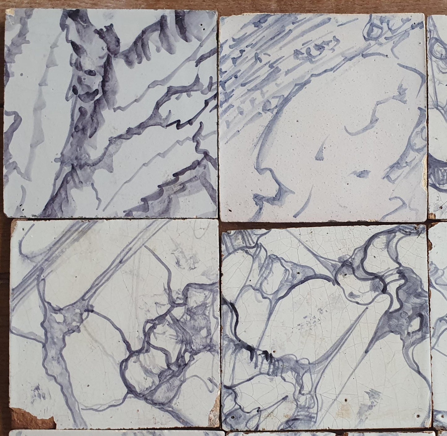 Antique Delft Tiles, Marbled White, Dutch Wall Tile Set, 19th Century