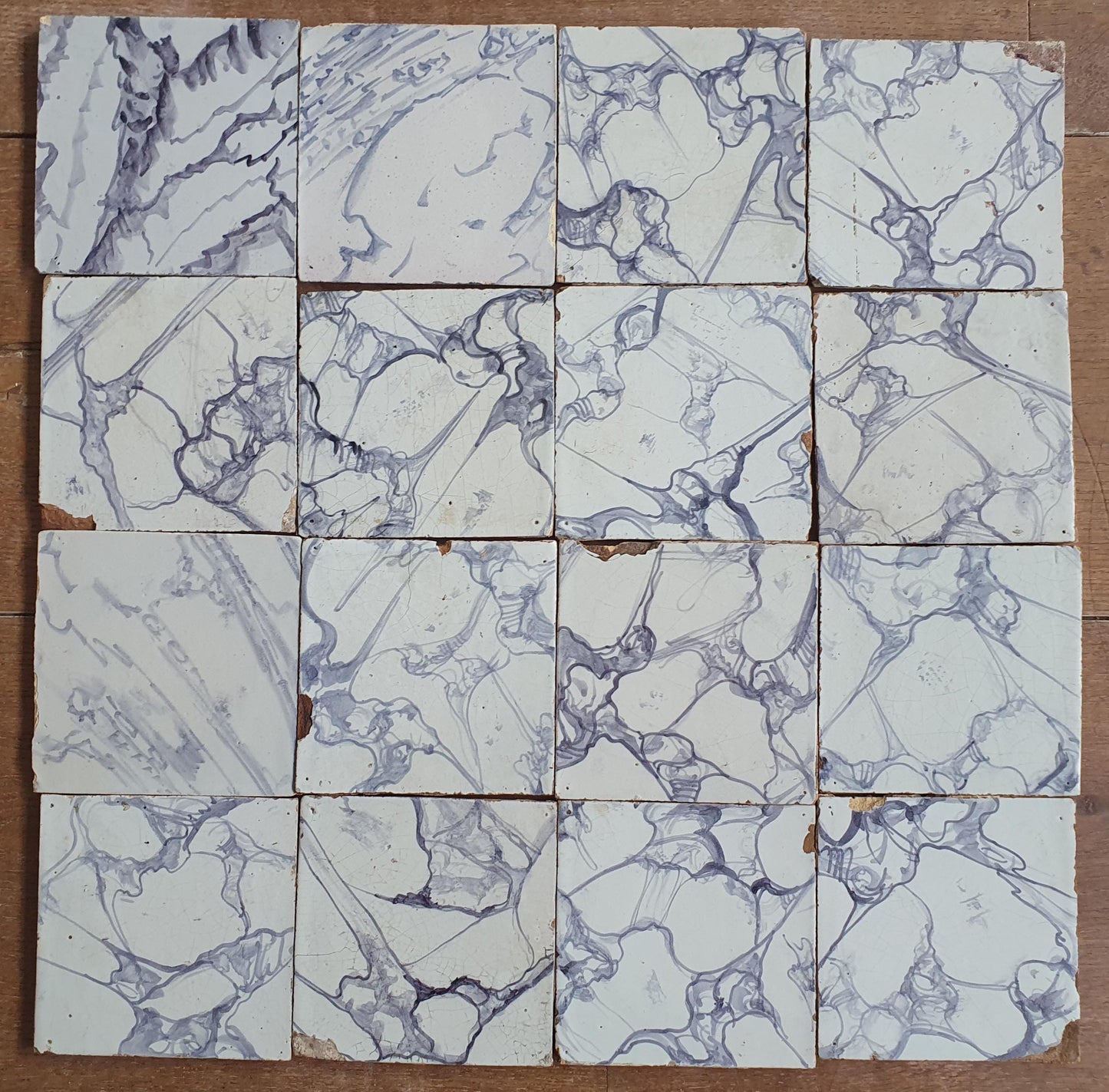 Antique Delft Tiles, Marbled White, Dutch Wall Tile Set, 19th Century