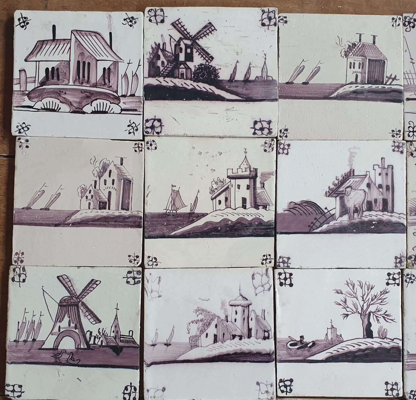Antique Delft Tiles, 18th Century Dutch Landscape, Set of 25