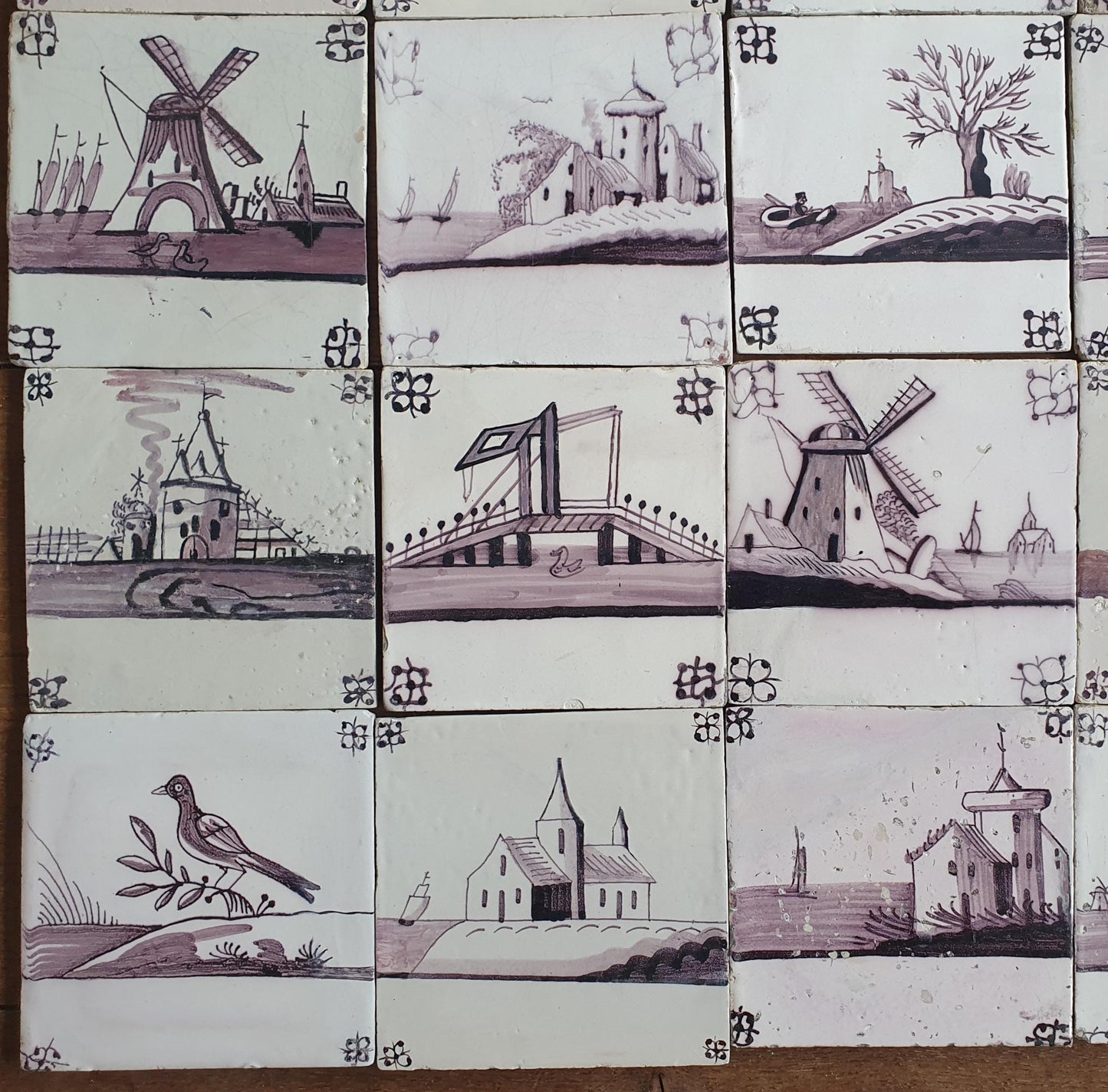 Antique Delft Tiles, 18th Century Dutch Landscape, Set of 25