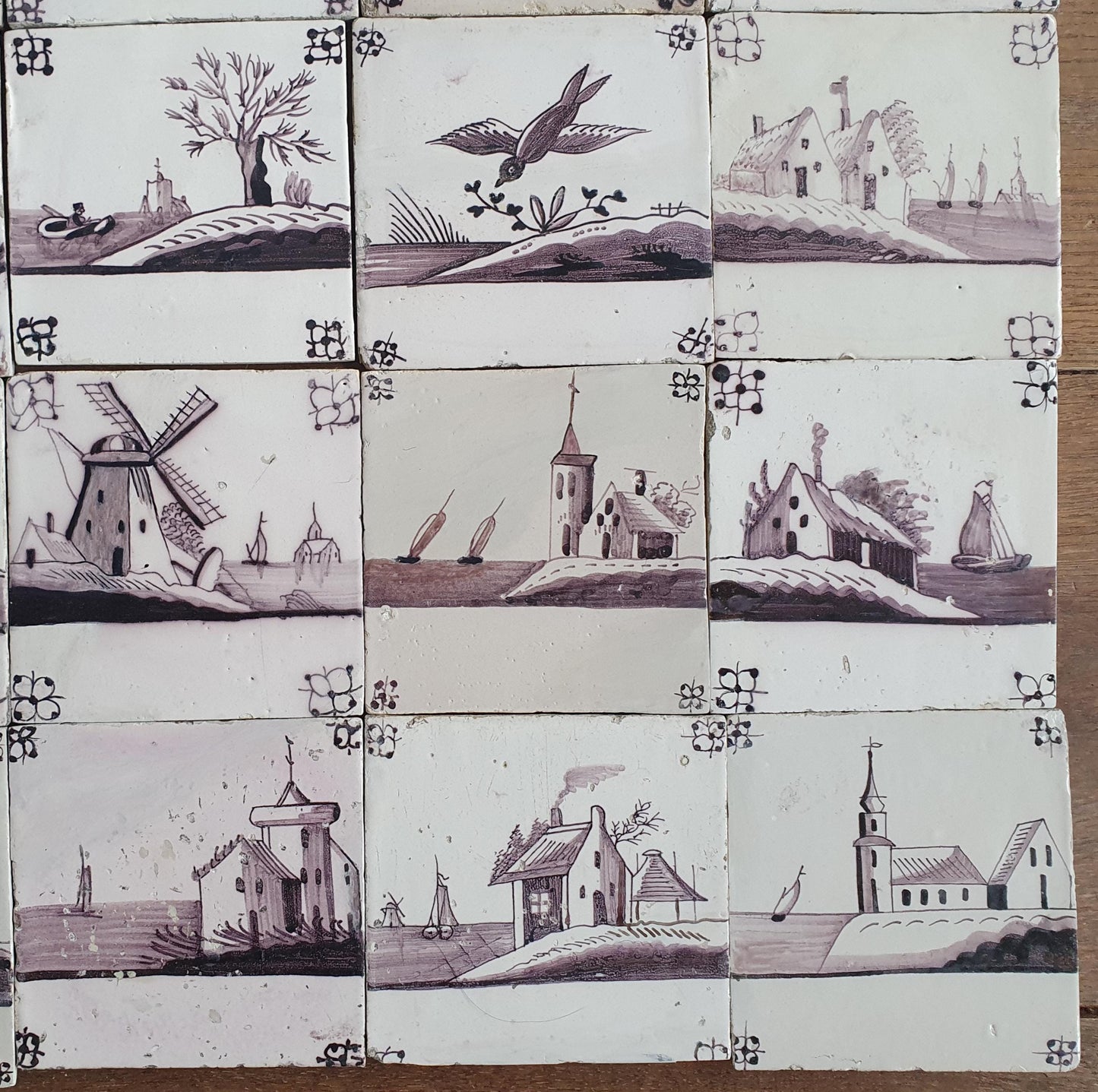 Antique Delft Tiles, 18th Century Dutch Landscape, Set of 25