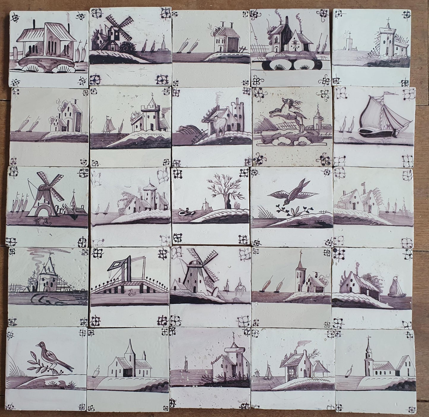 Antique Delft Tiles, 18th Century Dutch Landscape, Set of 25