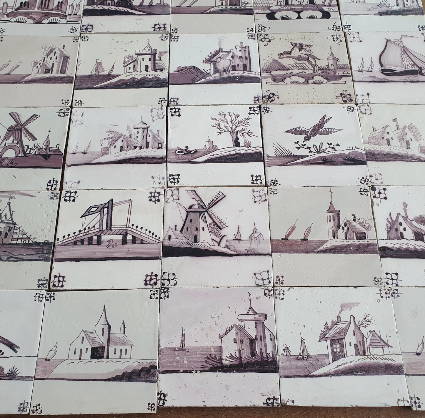 Antique Delft Tiles, 18th Century Dutch Landscape, Set of 25
