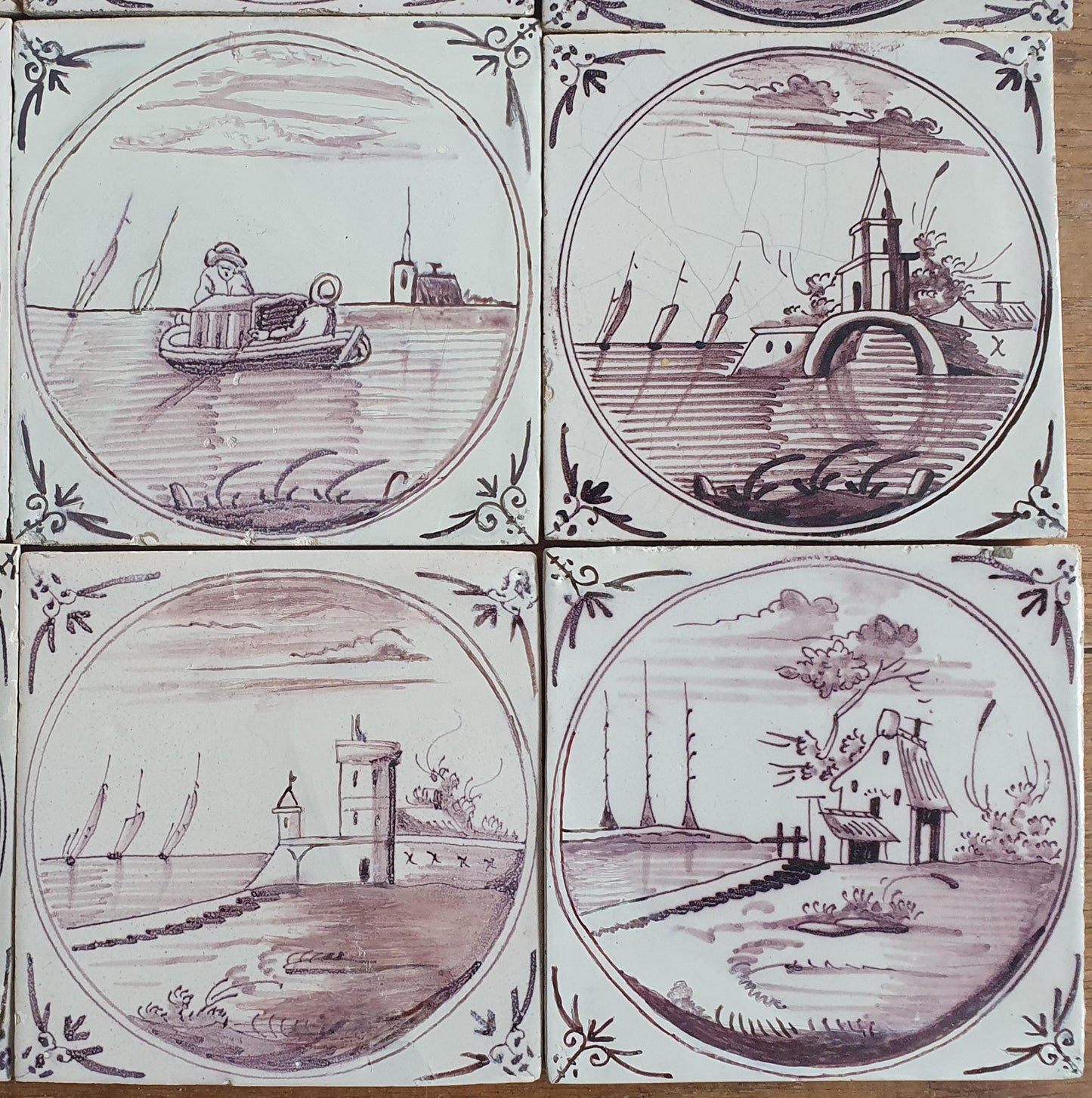 Antique Delft Tile Panel, 18th Century Dutch Landscape Tiles, Set of 9