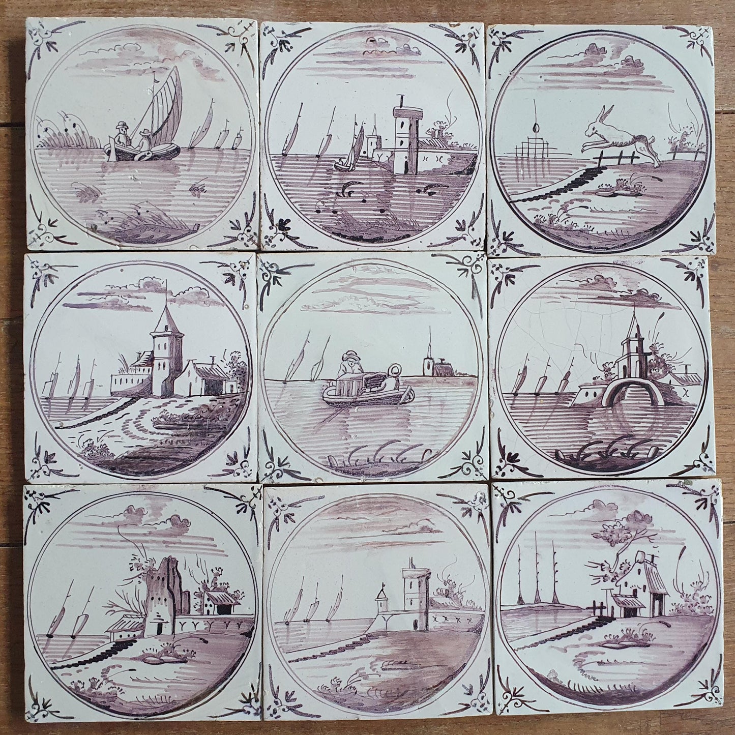 Antique Delft Tile Panel, 18th Century Dutch Landscape Tiles, Set of 9
