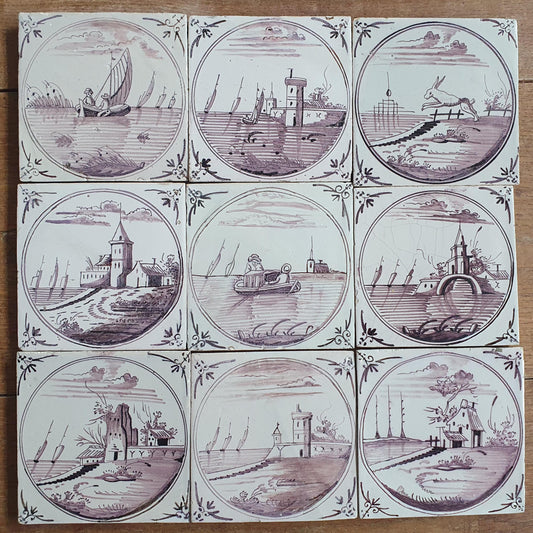 Antique Delft Tile Panel, 18th Century Dutch Landscape Tiles, Set of 9