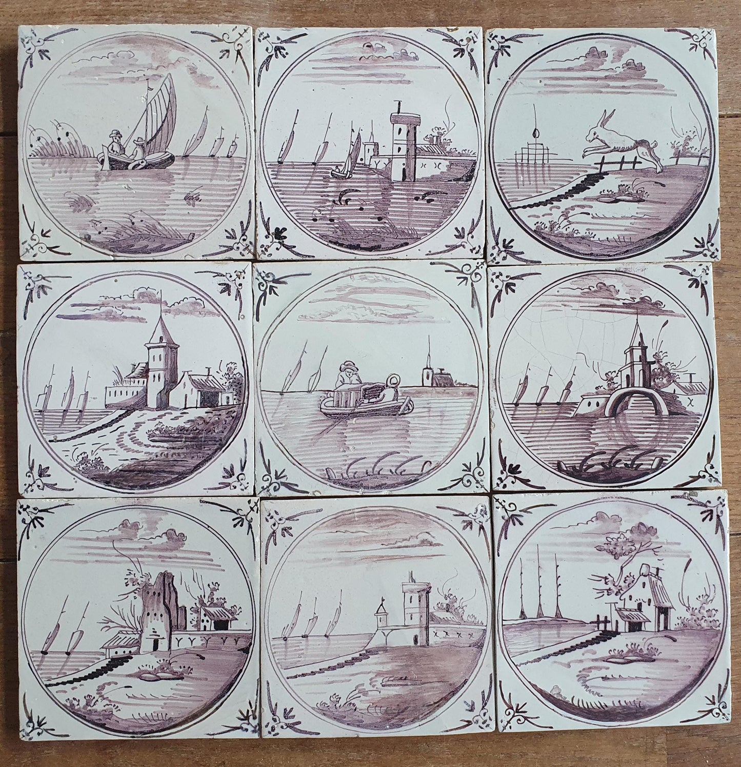 Antique Delft Tile Panel, 18th Century Dutch Landscape Tiles, Set of 9
