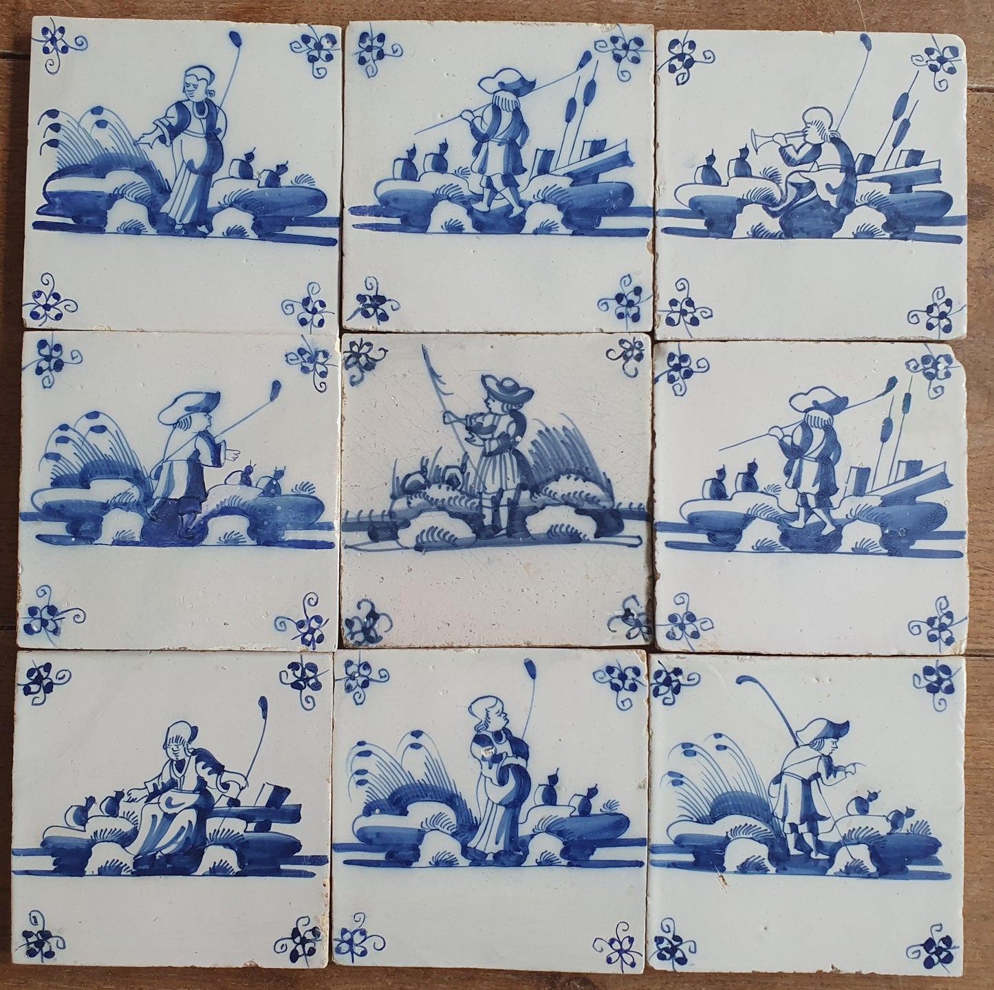 Antique Delft Tiles, 18th Century Dutch Shepherd Scene, Set of 9