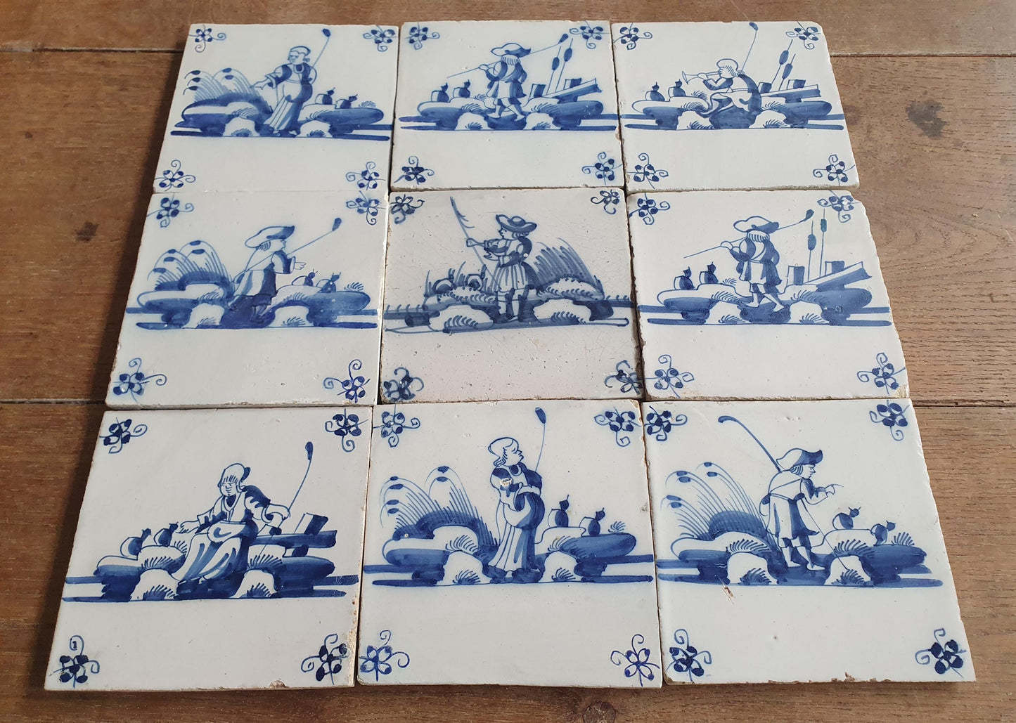 Antique Delft Tiles, 18th Century Dutch Shepherd Scene, Set of 9